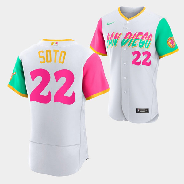 Men's San Diego Padres #22 Juan Soto 2022 White City Connect Flex Base Stitched Baseball Jersey